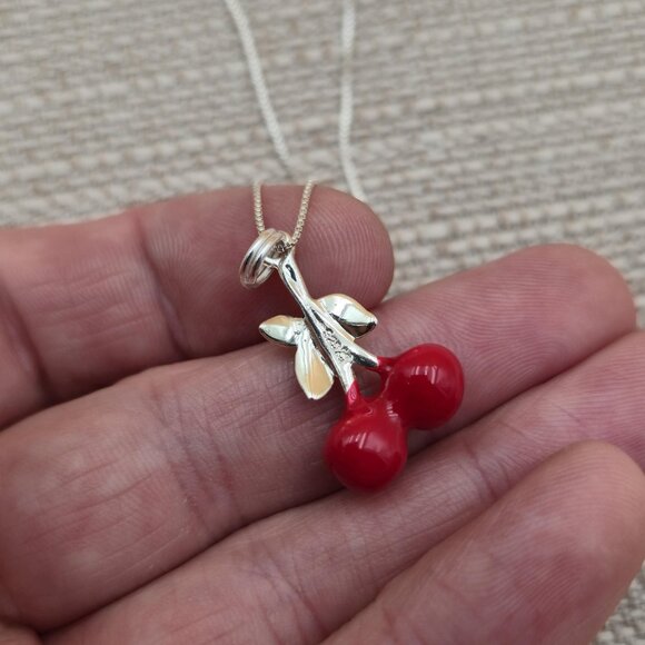 18 Inch Sterling Silver Double Cherry Pendant Necklace A5506 - Picture 3 of 6